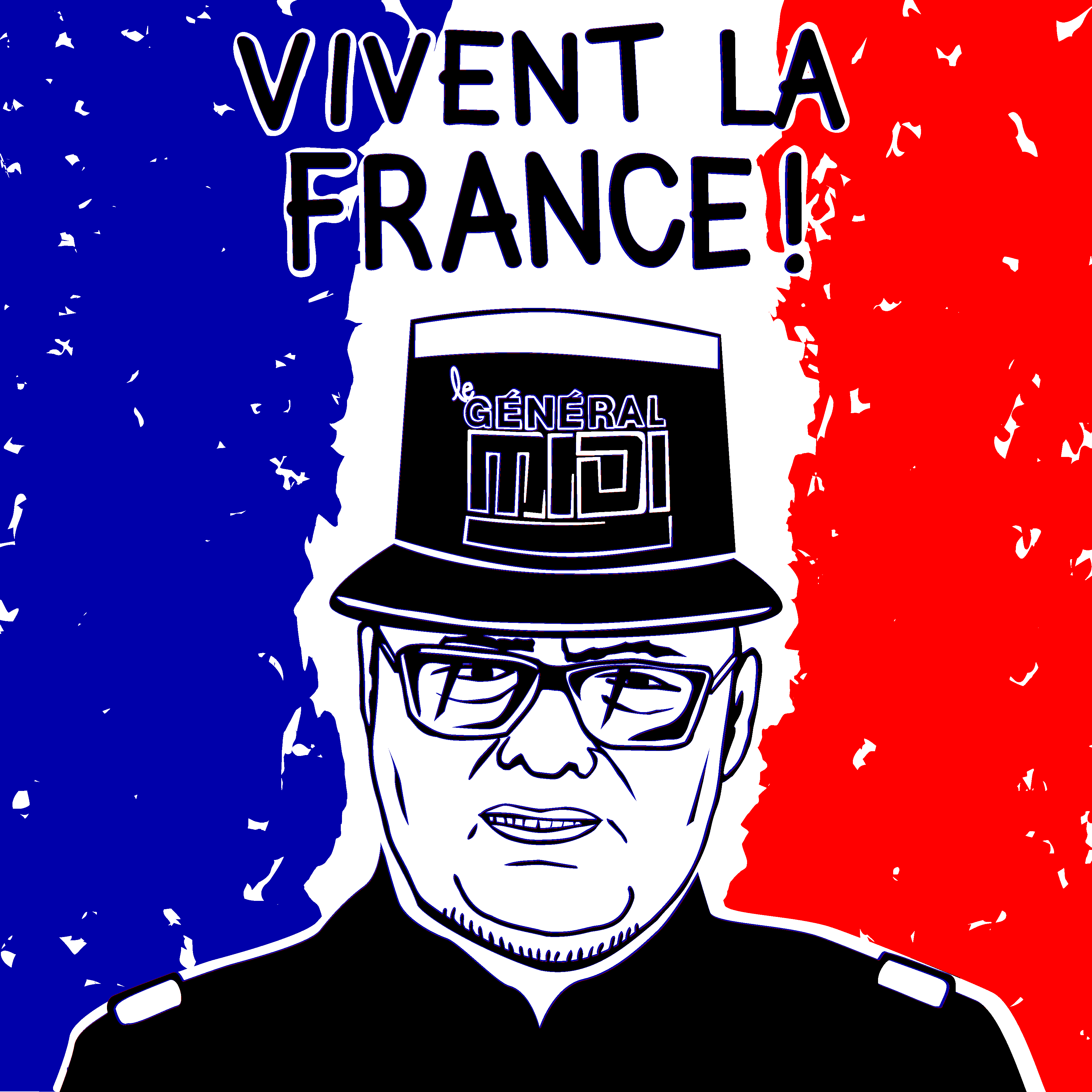 Pochette tricolore de l'album : portrait dessin en noir du Gnral Midi sur fond du drapeau franais